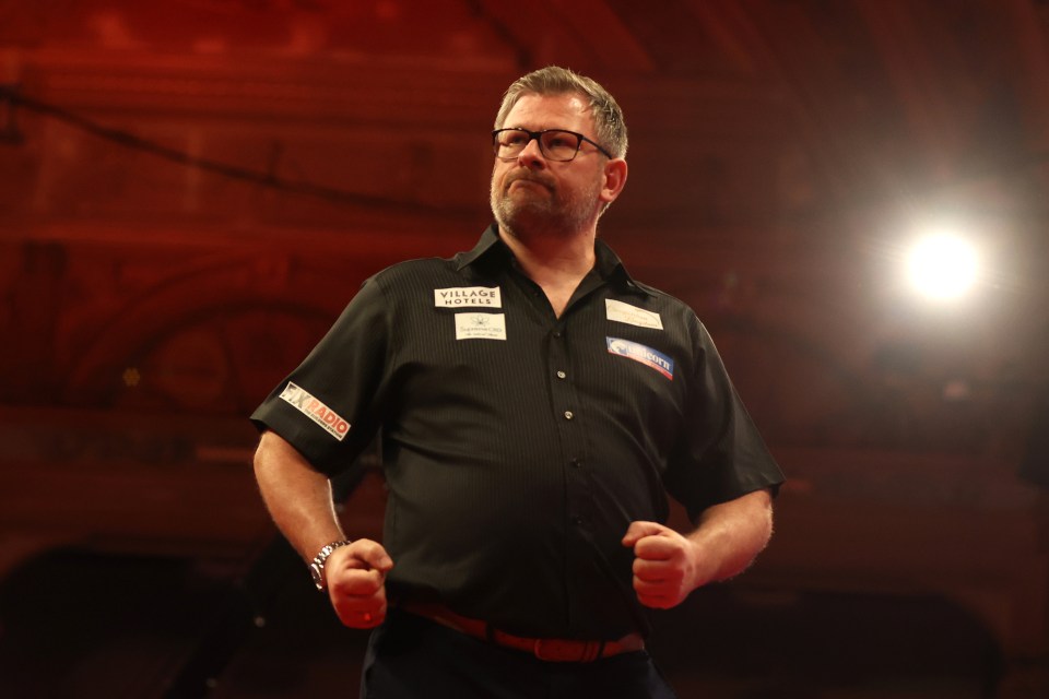 BLACKPOOL, ENGLAND - JULY 18: James Wade of England celebrates victory against Ross Smith of England following the 2024 Betfred World Matchplay quarter-final match  at Winter Gardens on July 18, 2024 in Blackpool, England. (Photo by George Wood/Getty Images)