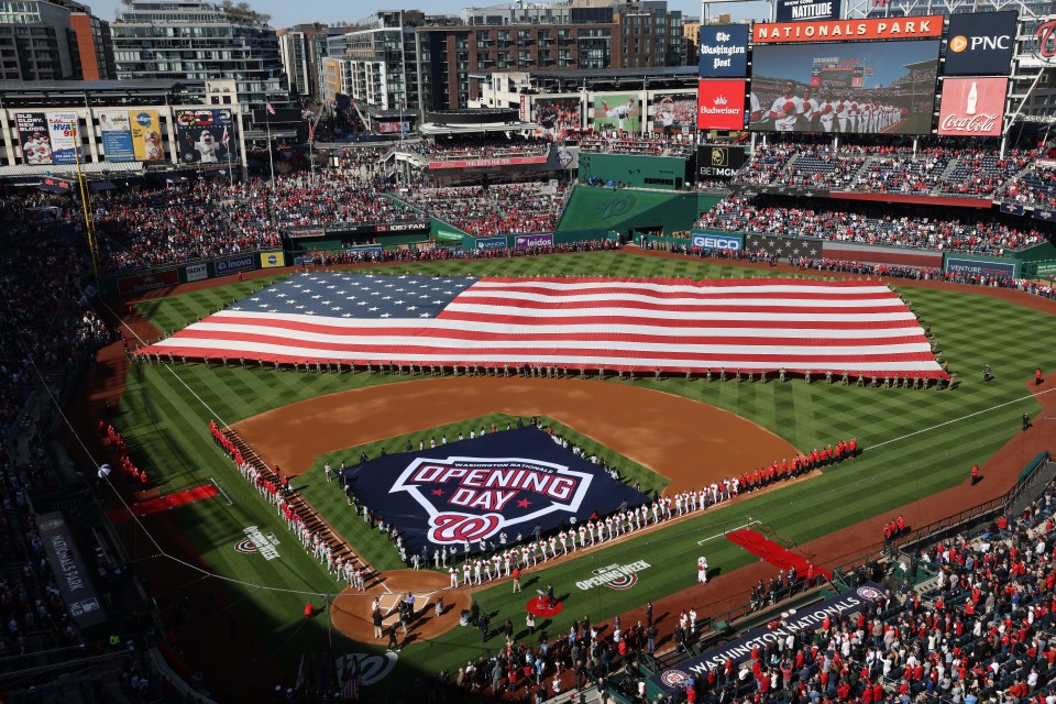 WASHINGTON, DC - MARCH 27: A general view of the flyover on Opening Day between the Philadelphia Phillies and the Washington Nationals at Nationals Park on March 27, 2025 in Washington, DC. (Photo by Samuel Corum/Getty Images)